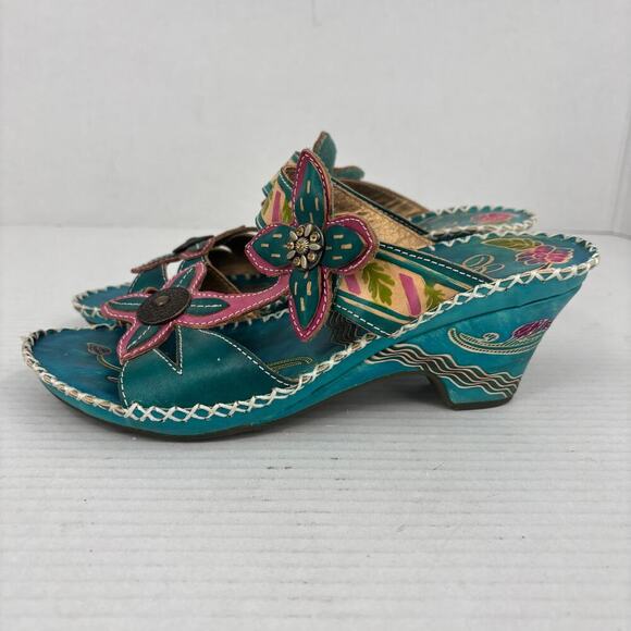 Elite by Corkys Poppy Sandals Womens Size 8 Turquoise Leather Floral Embellished - Picture 4 of 13